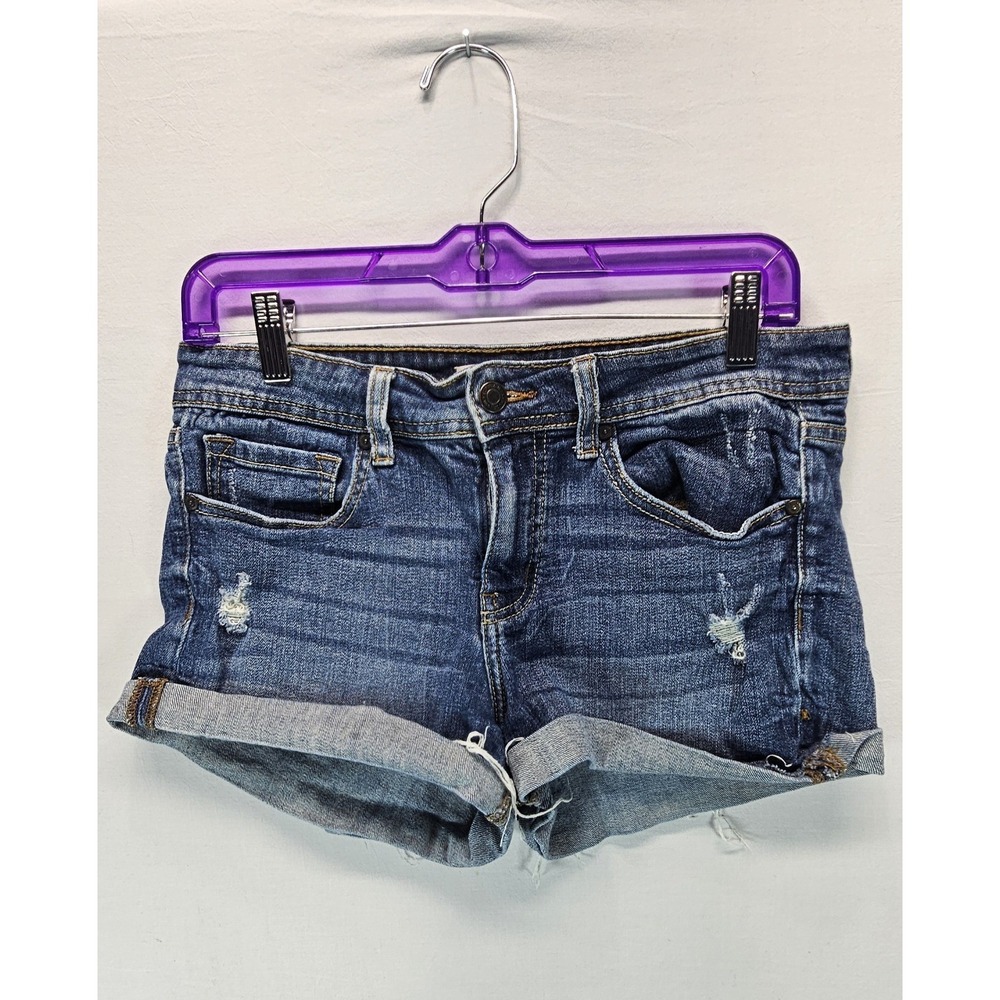 Eunina‎ High Rise High Low Rolled Shortie Denim Distressed Shorts Blue Sz L